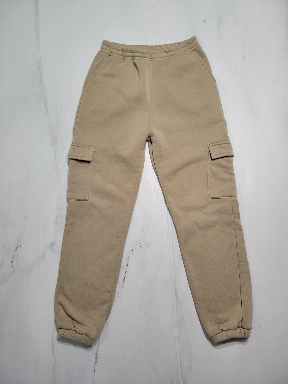​Womens Tan Beige Fleece Cargo Sweatpants Joggers Elastic Waist Pockets Size S M